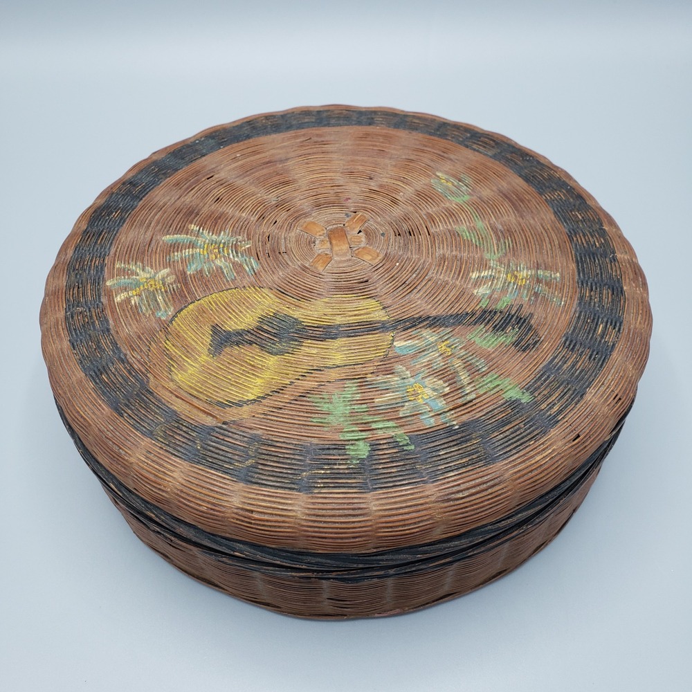 VTG Hand Painted Coiled Bamboo Lidded Basket Box MCM Folk Art Ukelele Boho